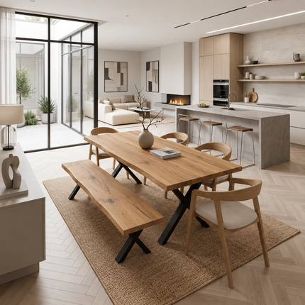 Firsby Solid Oak Live Edge Dining Set – Table, Bench & 4 Aby Velvet Beige Chairs | XF Steel Legs