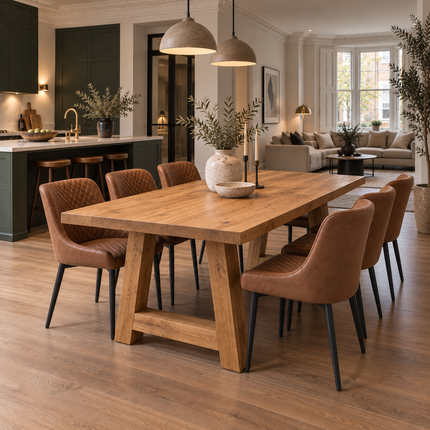 Wootton Solid Oak Straight Edge Dining Table & Bench Set with 6 Yarm Tan Faux Leather Chairs & A Frame Wooden Legs