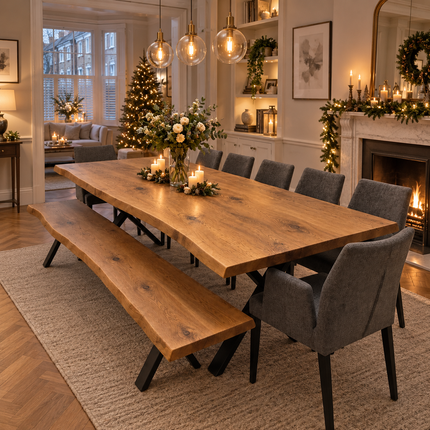 Firsby Solid Oak Live Edge Dining Set – Table, Bench & Alto Armchairs | XF Steel Legs