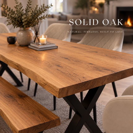 Firsby Solid Oak Live Edge Dining Set – Table, Bench & 4 Moor Velvet Beige Chairs | XF Steel Legs