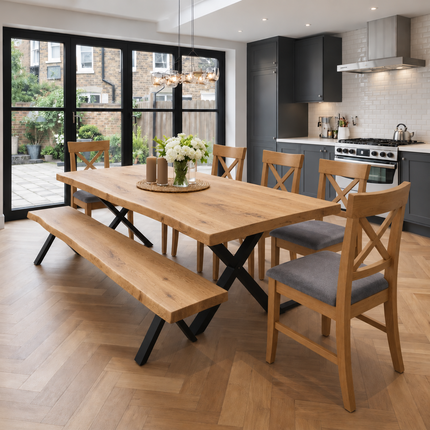 Firsby Solid Oak Live Edge Dining Set – Table, Bench & 5 Alex Velvet Grey Oak Chairs | XF Steel Legs