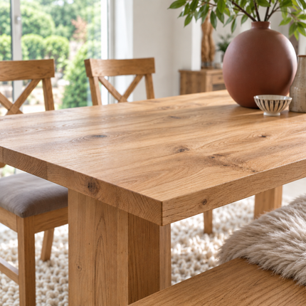 Brigg Solid Oak Straight Edge Dining Set – Table, Bench & 5 Alex Velvet Grey Oak Chairs
