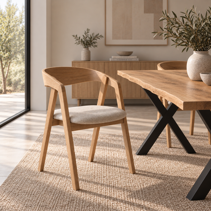Firsby Solid Oak Live Edge Dining Set – Table, Bench & 2 Aby Beige Velvet Chairs | XF Steel Legs