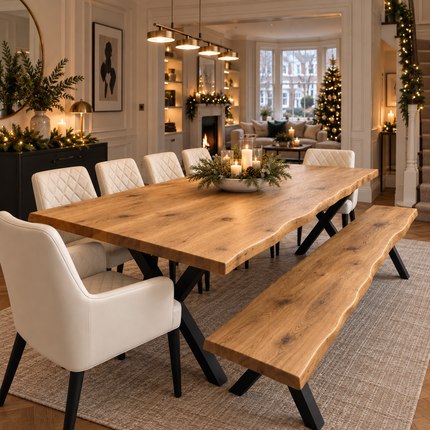 Firsby Solid Oak Live Edge Dining Set – Table, Bench & 6 Moor Beige Chairs with X-Frame Steel Legs