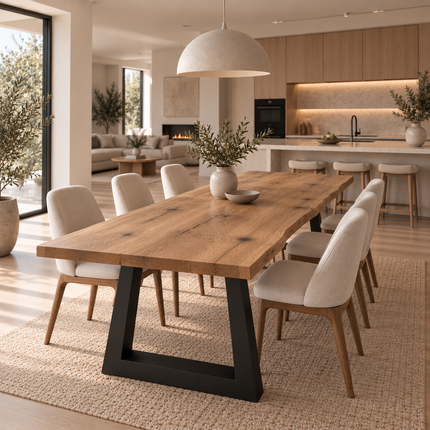 Moffat Solid Oak Live Edge Dining Set – Table & 6 Ava Chairs with Trapezium Steel Legs