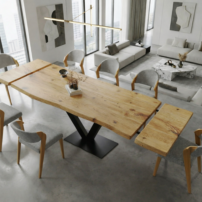 Firsby Live Edge Extendable 2-Sides Dining Table V Steel Base