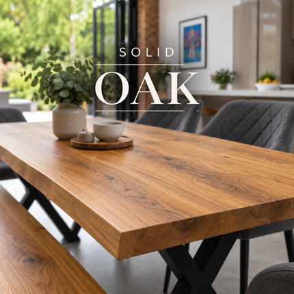 Firsby Solid Oak Live Edge Dining Set – Table, Bench & 4 Moor Velvet Grey Chairs | XF Steel Legs
