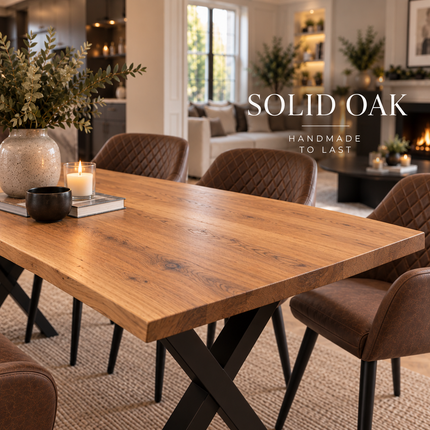 Firsby Solid Oak Live Edge Dining Set – Table, Bench & 4 Eske Faux Brown Chairs | XF Steel Legs