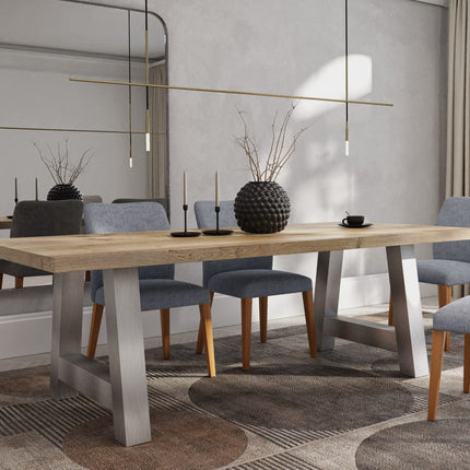 Sutton Solid Oak Dining Table Chunky AF Brushed Stainless Steel Legs