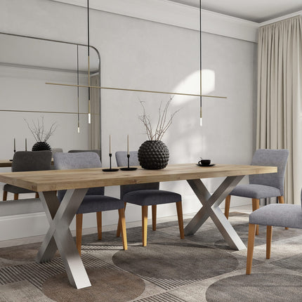Funley Solid Oak Dining Table Chunky XF Brushed Stainless Steel Legs