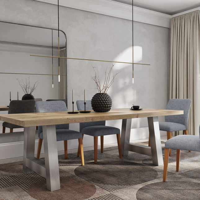 Sutton Solid Oak Dining Table Chunky AF Brushed Stainless Steel Legs