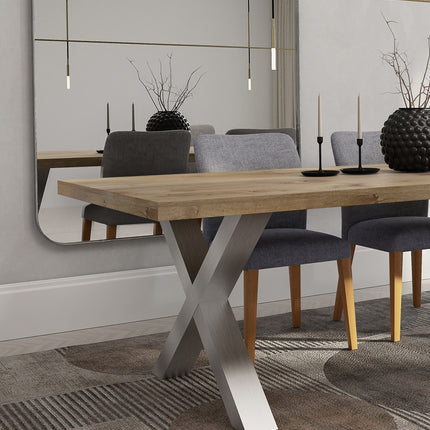 Funley Solid Oak Dining Table Chunky XF Brushed Stainless Steel Legs