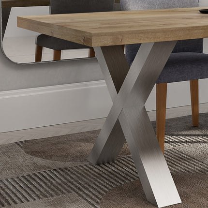 Funley Solid Oak Dining Table Chunky XF Brushed Stainless Steel Legs