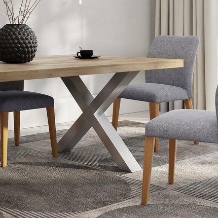 Funley Solid Oak Dining Table Chunky XF Brushed Stainless Steel Legs