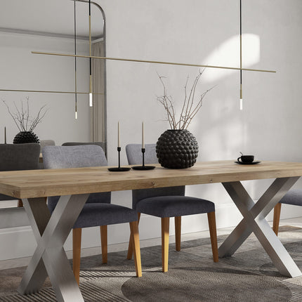 Funley Solid Oak Dining Table Chunky XF Brushed Stainless Steel Legs