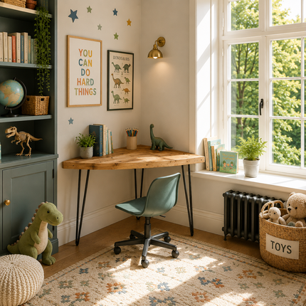 Small rustic corner desk straight edge with round corners perfect to tiny rooms.