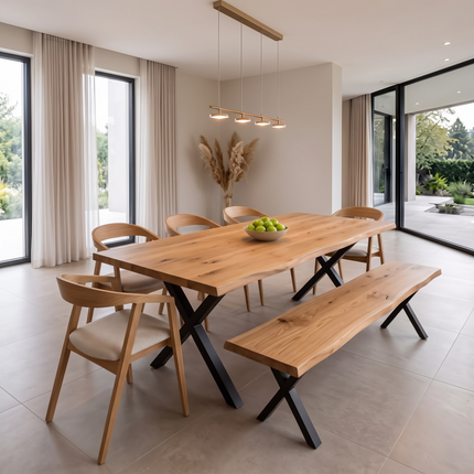 Selby Solid Oak Dining Set – Live Edge Table, Bench & 5 Aby Chairs