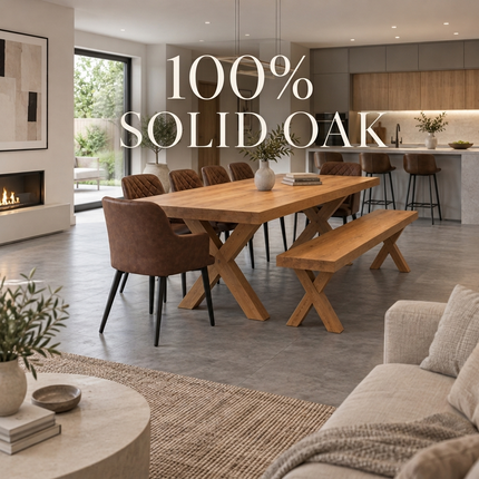 Tetey Solid Oak Dining Table & Bench Set with 6 Eske Brown Chairs – Straight Edge Top & Wooden X Frame Legs