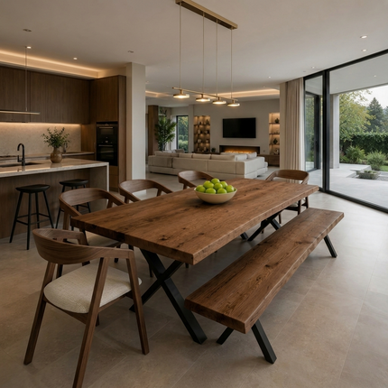 Selby Solid Oak Dining Set – Live Edge Table, Bench & 5 Aby Chairs