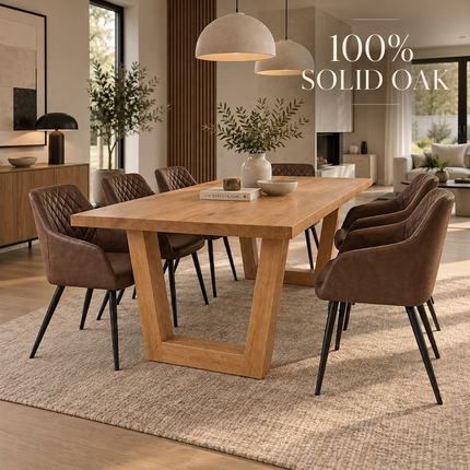 Ranby Solid Oak Straight Edge Dining Table Set with 6 Eske Brown Chairs & V Frame Wooden Legs