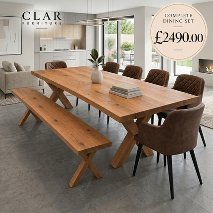 Tetey Solid Oak Dining Table & Bench Set with 6 Eske Brown Chairs – Straight Edge Top & Wooden X Frame Legs