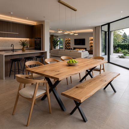 Selby Solid Oak Dining Set – Live Edge Table, Bench & 5 Aby Chairs
