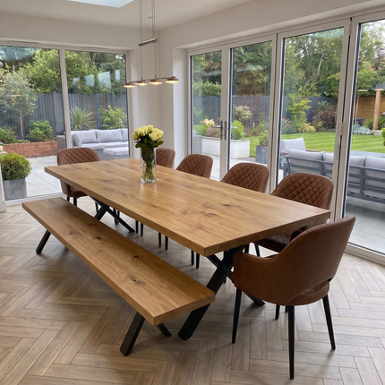 Slea Solid Oak SET Table/Bench/6 Chairs -  Live Edge Oak Dining Table/ Live Edge Oak Dining Bench/Chairs Rose