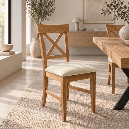 Brigg Solid Oak Straight Edge Dining Set – Table, Bench & 5 Alex Velvet Beige Oak Chairs