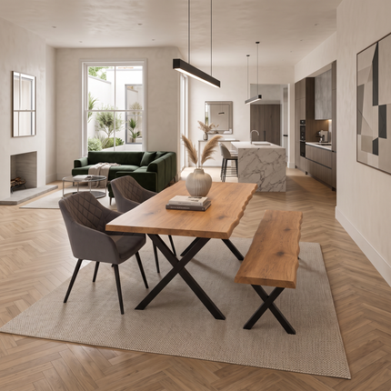 Firsby Solid Oak Live Edge Dining Set – Table, Bench & 2 Moor Velvet Grey Chairs | XF Steel Legs