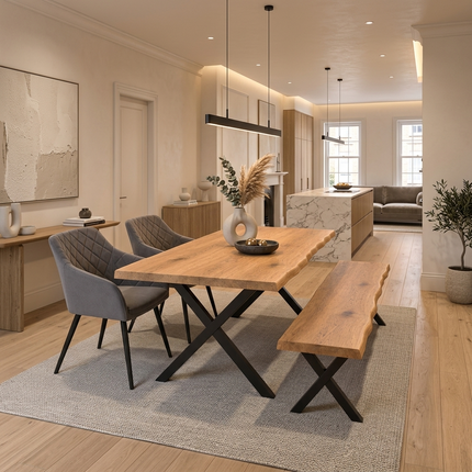 Firsby Solid Oak Live Edge Dining Set – Table, Bench & 2 Moor Velvet Grey Chairs | XF Steel Legs