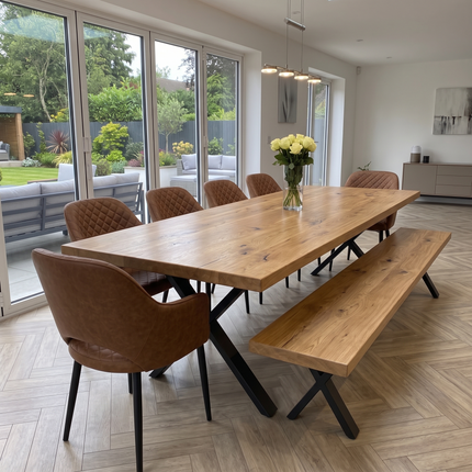 Slea Solid Oak SET Table/Bench/6 Chairs -  Live Edge Oak Dining Table/ Live Edge Oak Dining Bench/Chairs Rose