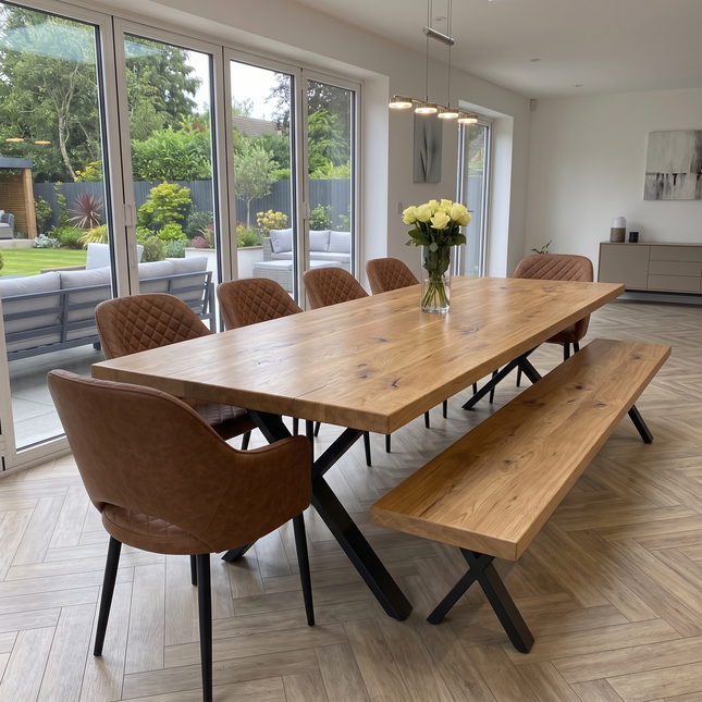 Slea Solid Oak SET Table/Bench/6 Chairs -  Live Edge Oak Dining Table/ Live Edge Oak Dining Bench/Chairs Rose
