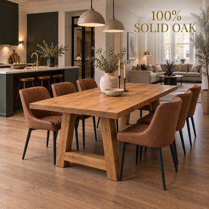 Wootton Solid Oak Straight Edge Dining Table & Bench Set with 6 Yarm Tan Faux Leather Chairs & A Frame Wooden Legs