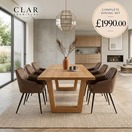 Ranby Solid Oak Straight Edge Dining Table Set with 6 Eske Brown Chairs & V Frame Wooden Legs