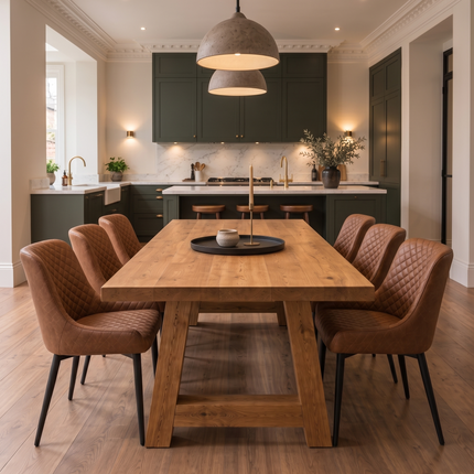 Wootton Solid Oak Straight Edge Dining Table & Bench Set with 6 Yarm Tan Faux Leather Chairs & A Frame Wooden Legs