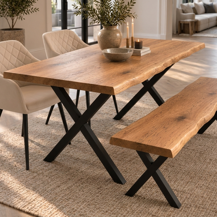 Firsby Solid Oak Live Edge Dining Set – Table, Bench & 2 Moor Velvet Beige Chairs | XF Steel Legs