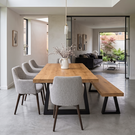 Grantham Solid Oak Dining Set – Table, Bench & 5 Rene Chairs | Trapezium Steel Legs