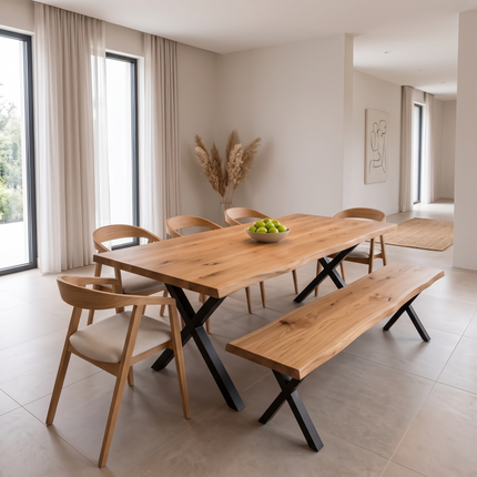 Selby Solid Oak Dining Set – Live Edge Table, Bench & 5 Aby Chairs