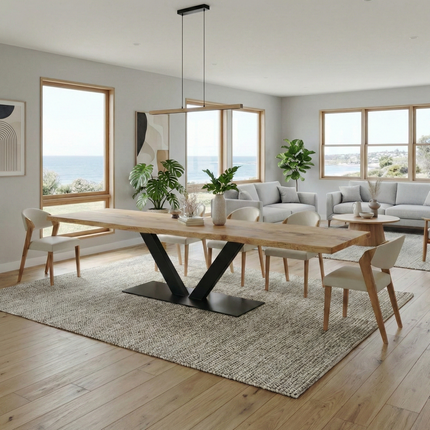 Brigg Straight Edge Dining Table Rustic Solid Wood  V Steel Base