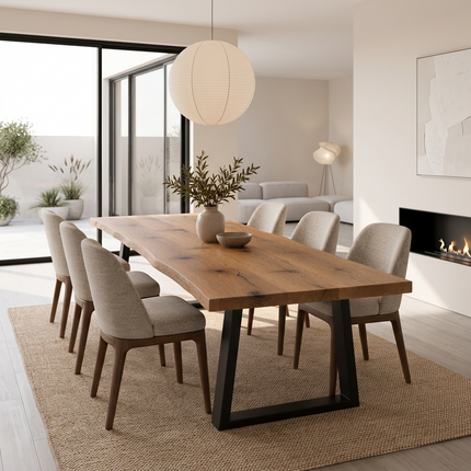 Moffat Solid Oak Live Edge Dining Set – Table & 6 Ava Chairs with Trapezium Steel Legs
