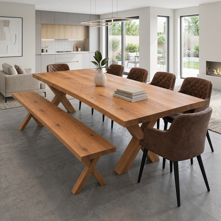 Tetey Solid Oak Dining Table & Bench Set with 6 Eske Brown Chairs – Straight Edge Top & Wooden X Frame Legs