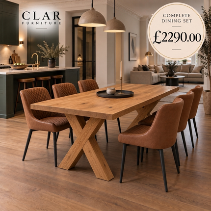 Tetey Solid Oak Straight Edge Dining Table & Bench Set with 6 Yarm Tan Faux Leather Chairs & X Frame Wooden Legs