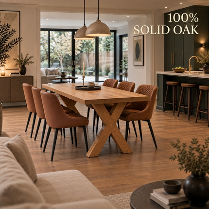 Tetey Solid Oak Straight Edge Dining Table & Bench Set with 6 Yarm Tan Faux Leather Chairs & X Frame Wooden Legs