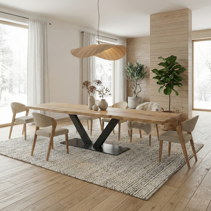 Brigg Straight Edge Dining Table Rustic Solid Wood  V Steel Base