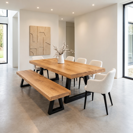 Chloe Solid Oak Dining Set – Table, Bench & 5 Chairs | Trapezium Steel Legs