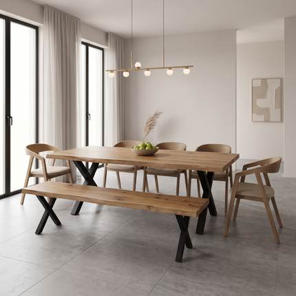 Selby Solid Oak Dining Set – Live Edge Table, Bench & 5 Aby Chairs