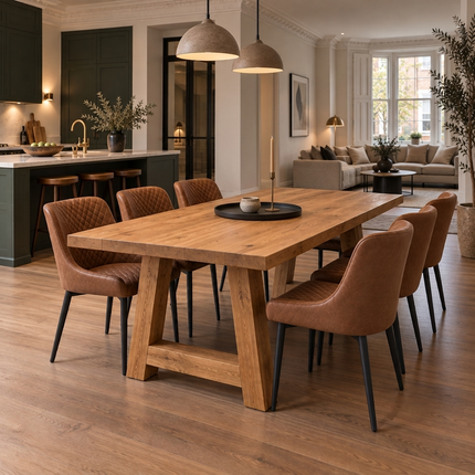 Wootton Solid Oak Straight Edge Dining Table & Bench Set with 6 Yarm Tan Faux Leather Chairs & A Frame Wooden Legs