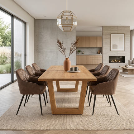 Ranby Solid Oak Straight Edge Dining Table Set with 6 Eske Brown Chairs & V Frame Wooden Legs