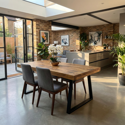 Grantham TRAPEZIUM Dining Table Natural Thick Rustic Wood TP Industrial Steel Legs Handmade Characteristic of the Countryside