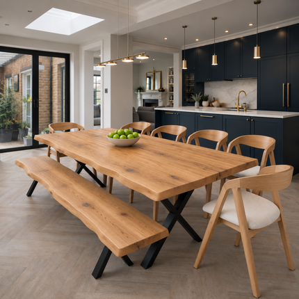 Glen Solid Oak Live Edge Dining Set – Table, Bench & 6 Aby Chairs with XF Steel Legs